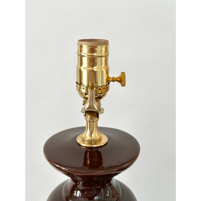 1960s Large Glossy Brown MId Century Modern Ribbed Ceramic Table Lamps - a Pair For Sale - Image 11 of 15