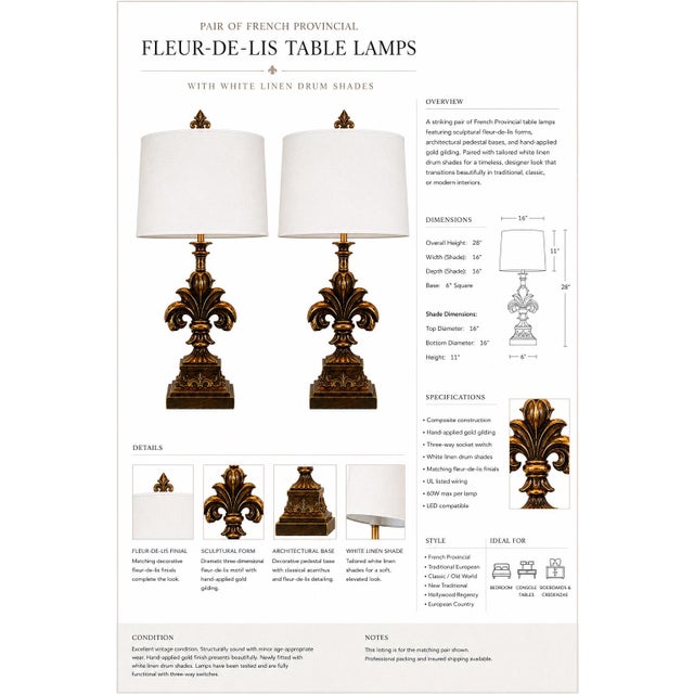 French Provincial Late 20th Century Pair of French Provincial Gilded Fleur-De-Lis Lamps With Tailored White Linen Shades For Sale - Image 3 of 5