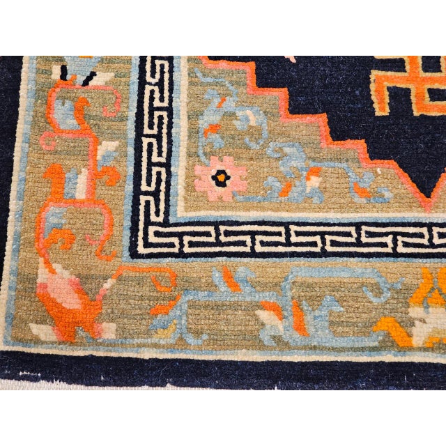 Black Vintage Tibetan Medallion Rug, Wool on Cotton, Black & Green, 1900s, 2' x 3' For Sale - Image 8 of 11