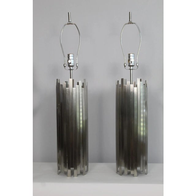 Paul Mayen Influence Brushed Steel Lamps - a Pair For Sale - Image 10 of 12