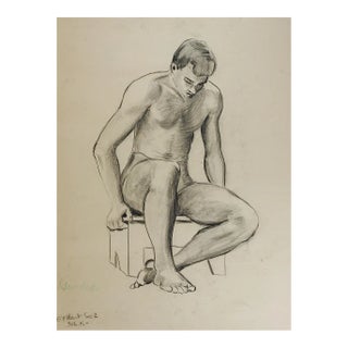 Vintage 1950 Charcoal Study Seated Male Figure Drawing For Sale