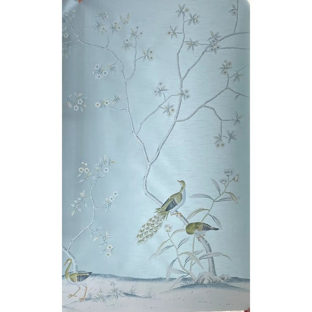 Chinoiserie Set of 2 Hand-Painted Chinoiserie Wallpaper Panels With Peacocks & Birds For Sale - Image 3 of 3