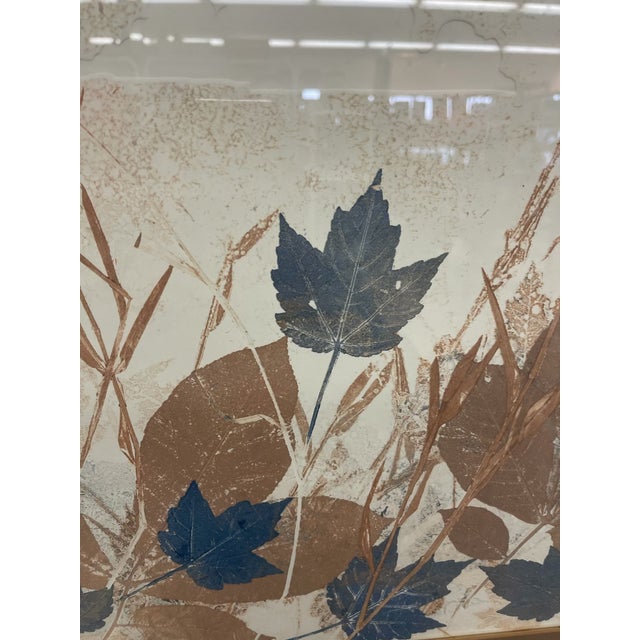 Wood Vintage Framed Botanical Leaf Artwork With Blue and Brown Foliage Motif, Mid-Century Style Wall Art For Sale - Image 7 of 9