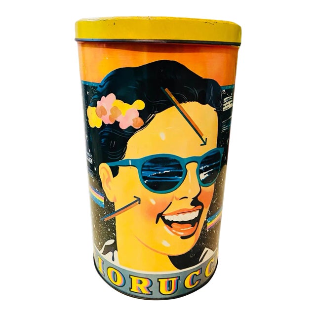 Vintage 1970s Fiorucci Tin Can Display Pop Art Colorful Fashion Hawaiian Design For Sale