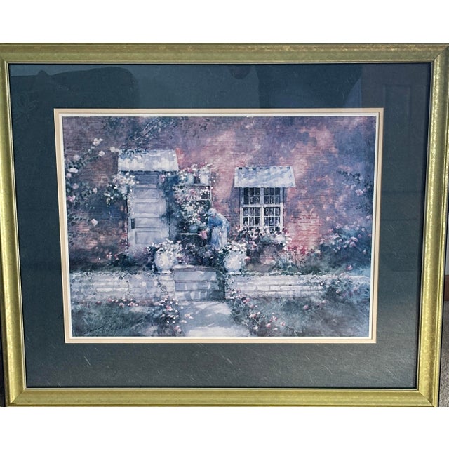 A beautiful vintage framed art print titled "Climbing Roses" by Donny Finley, AWS. This piece features a serene, romantic...