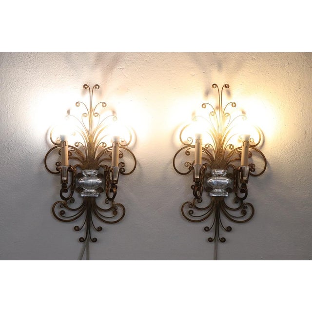 Gold Gilded Iron and Crystal Sconces attributed to Maison Baguès, 1950s, Set of 2 For Sale - Image 8 of 18