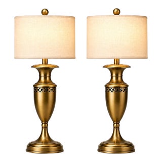 Vintage Transitional Urn Table Lamp in Antique Brass With Pierced Metal Frieze & Linen Drum Shade — 27” - a Pair For Sale