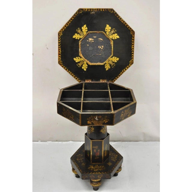 Antique Chinoiserie Hand Painted Pedestal Base Oriental Sewing Stand Side Table For Sale - Image 10 of 12