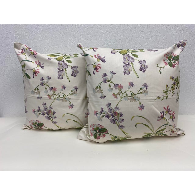 Pair of 22" Square Pillows Decorated With a Delicate Purple & Pink Floral Pattern - Made in Uk. For Sale - Image 13 of 13