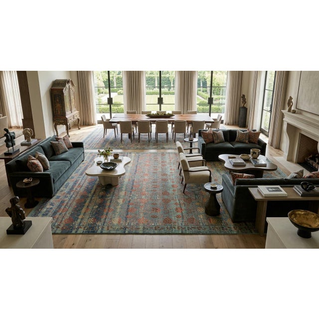 10x14 Modern Khotan Style Hand-Knotted Wool Area Rug – Teal, Rust & Ochre For Sale In New York - Image 6 of 8