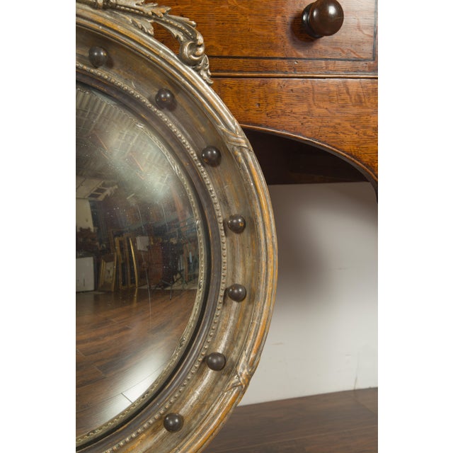 English 1900s Silver Leaf Convex Girandole Bullseye Mirror with Eagle Motif For Sale - Image 12 of 12