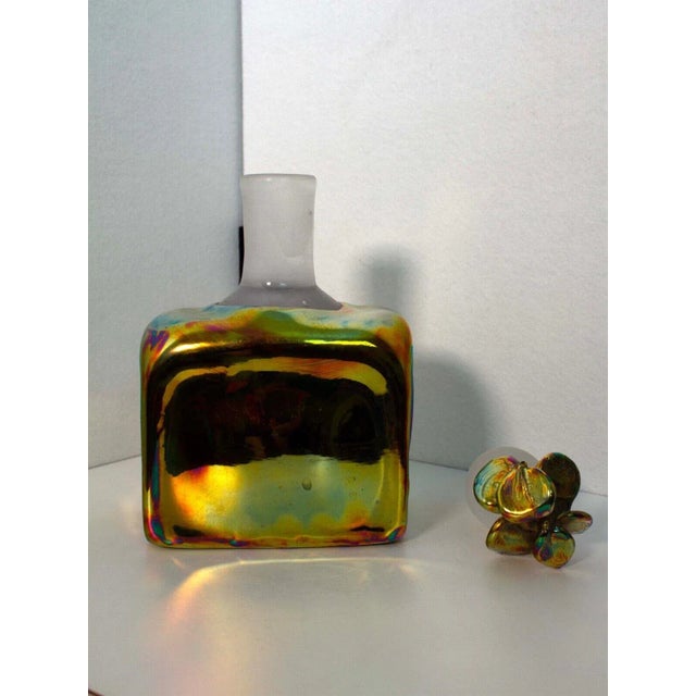 Yellow 1970s Paula Bartron Signed Postmodern Iridescent Glass Decanter With Flower Design Top For Sale - Image 8 of 12