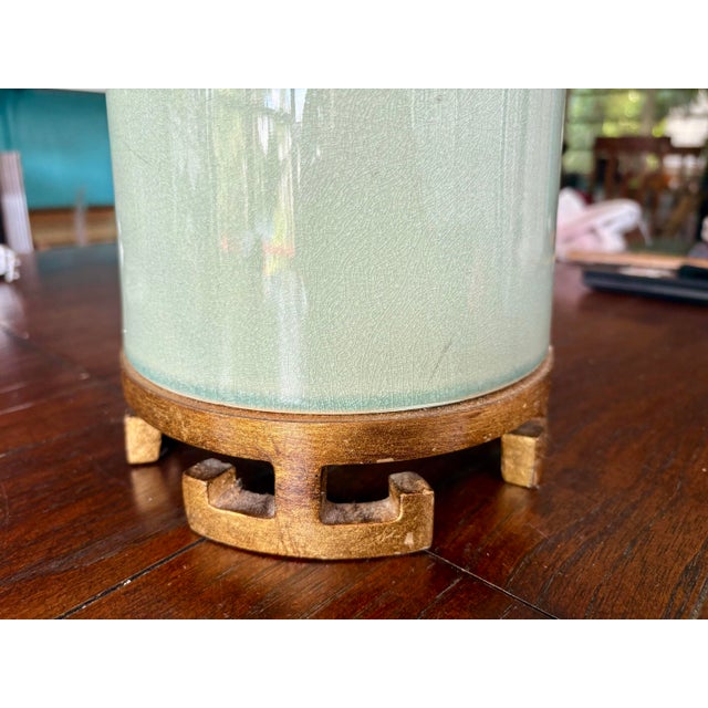 1960s Mid-Century Modern Celadon Crackle-Glaze Ceramic & Wood Table Lamp For Sale - Image 12 of 15
