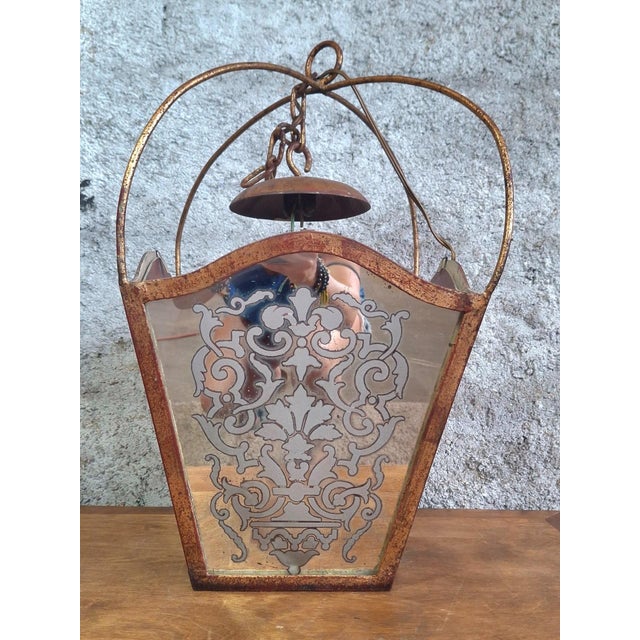 Baroque Hanging Lantern in Acid-Etched Glass and Bordeaux Sheet Metal, 1890s For Sale - Image 6 of 7