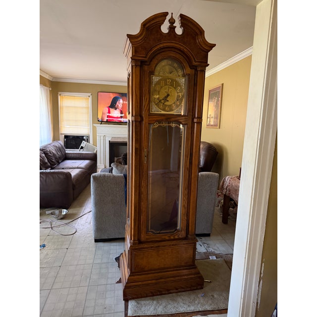 Mid-Century Modern Howard Miller 1979 Grandfather Clock With Original Registration Plaques For Sale - Image 3 of 5