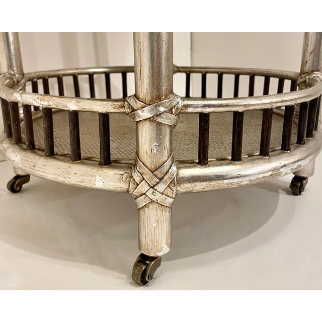 Silver McGuire "Petit Porto" Three Tier Silver Finish Rattan Bamboo and Leather Rolling Bar Cart For Sale - Image 8 of 12