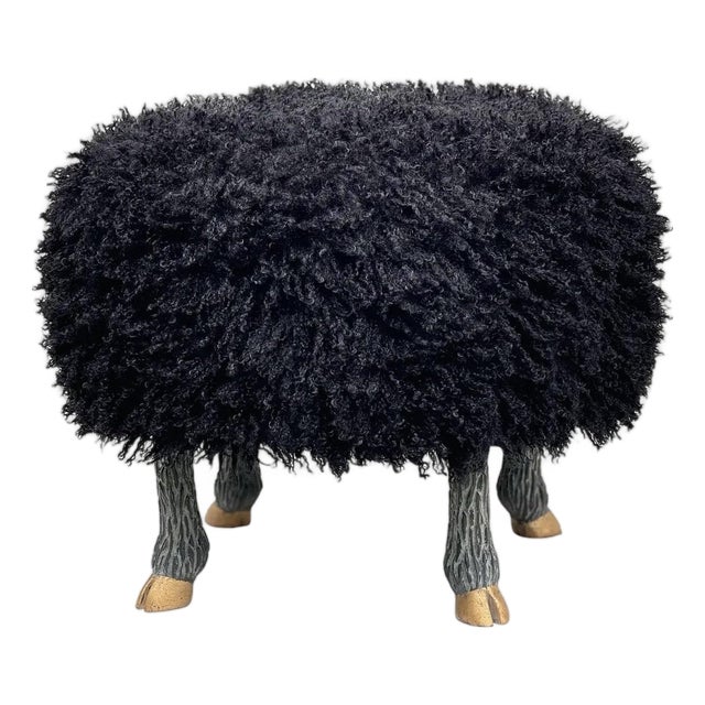 Faux “Lamb” Footstool/ Ottoman With Carved “Faux-Sheep” Legs/ 14k Gilt “Hooves”. For Sale