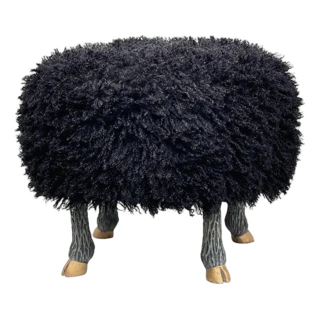 Faux “Lamb” Ottoman / Footstool, W/ Carved “Faux-Sheep” Legs/ 14k Gilt “Hooves”. For Sale