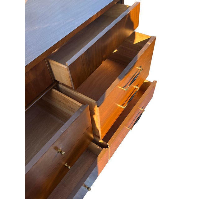 Wood Mid Century Modern Vintage Lowboy Long Dresser With Brass Hardware For Sale - Image 7 of 9