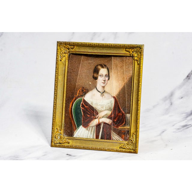 Refined Antique 19th Century Metal Framed Portrait Miniature Painting Woman For Sale - Image 12 of 16