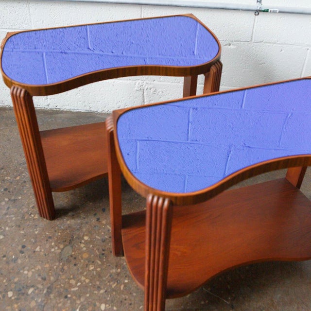 1930s Art Deco Cobalt Blue Glass Kidney Shaped End Tables Set of 2