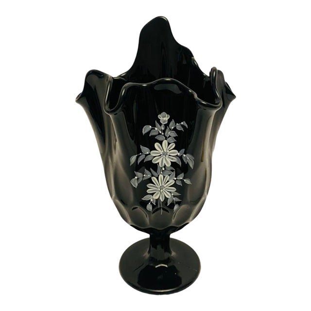 Vintage Fenton Thumbprint Hand Painted Handkerchief Black Vase, Signed For Sale