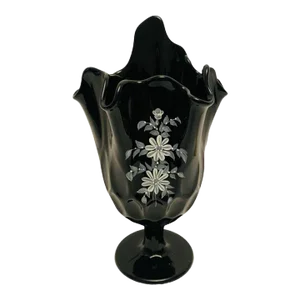 Vintage Fenton Thumbprint Hand Painted Handkerchief Black Vase, Signed