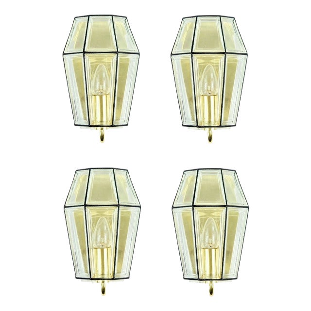 Mid-Century Modern Glass and Brass Wall Lamps from Limburg, Germany, 1960s, Set of 4 For Sale