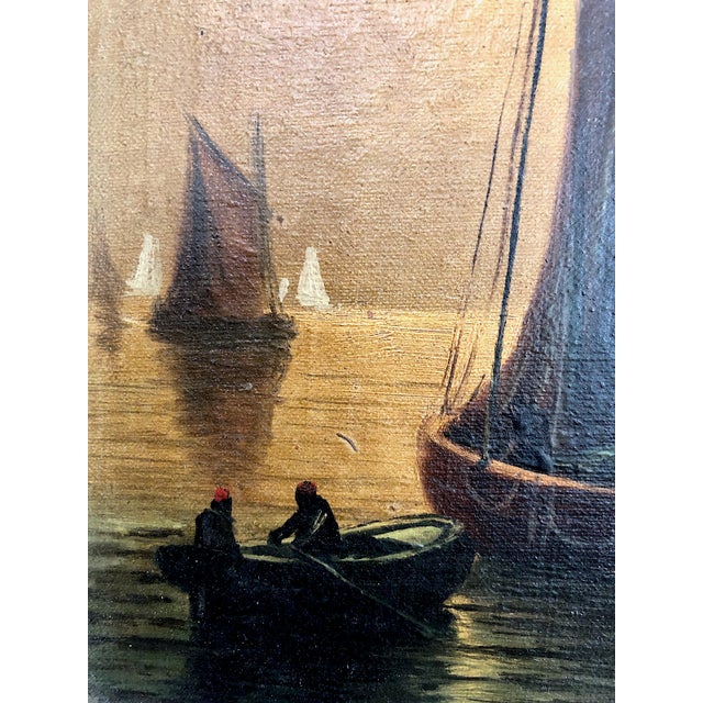 English Antique Tonalist “English Fishing Boats” Marine Painting, by G. Martin For Sale - Image 3 of 11