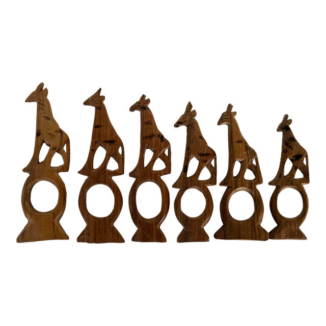 Graduated Hand-Carved Wooden Giraffe Napkin Rings – Set of 6 Made in Africa For Sale