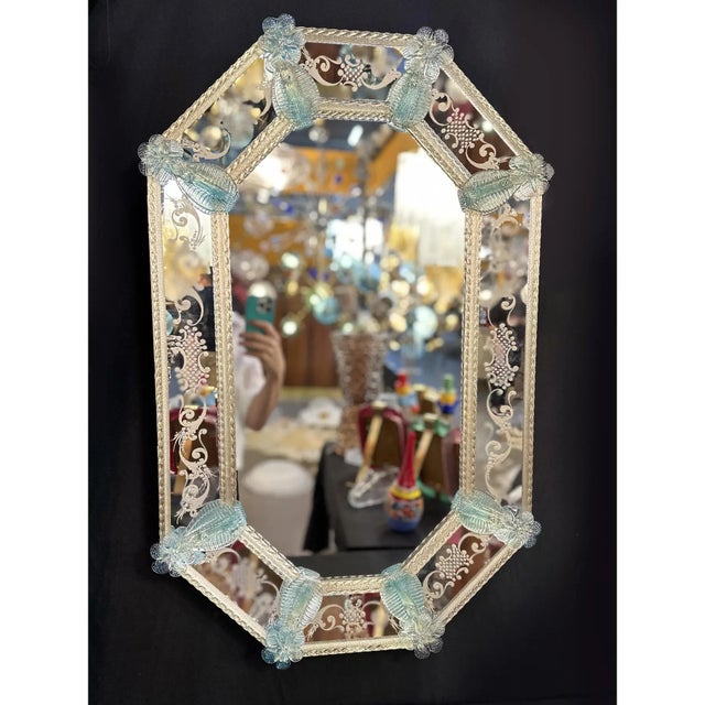 Venetian Octagonal Wall Mirror in Murano Glass with Ligh-Blue Flowers by Simoeng For Sale - Image 6 of 7