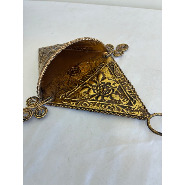Metal Vintage Gold Embossed Floral Metal Wall Pocket For Sale - Image 7 of 9
