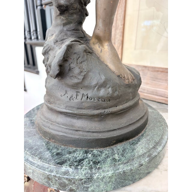 Hollywood Regency Antique A. Moreau “Morning” Signed Bronze Sculpture on Green Marble For Sale - Image 3 of 7