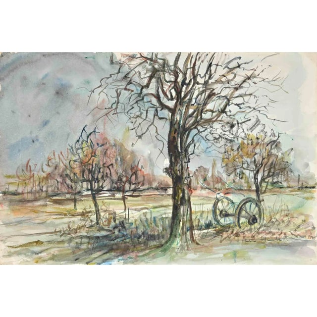 Landscape is an Original drawing in ink and watercolor realized in the mid-20th Century by Paulette Humbert. Good...