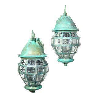 Funky Vintage Pair of Solid Brass Verdigris Wall Lanterns - 14”h X 7” W X 8”.5 D For Sale