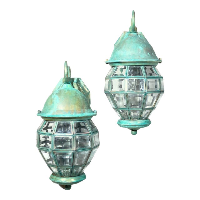 Funky Vintage Pair of Solid Brass Verdigris Wall Lanterns - 14”h X 7” W X 8”.5 D For Sale