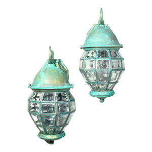 Funky Vintage Pair of Solid Brass Verdigris Wall Lanterns - 14”h X 7” W X 8”.5 D