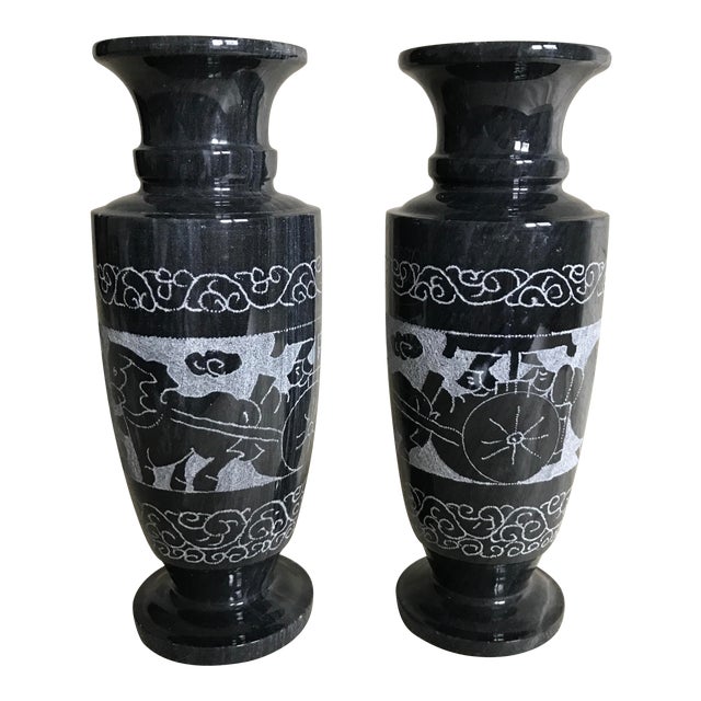 Engraved Black Marble Vases A Pair Chairish