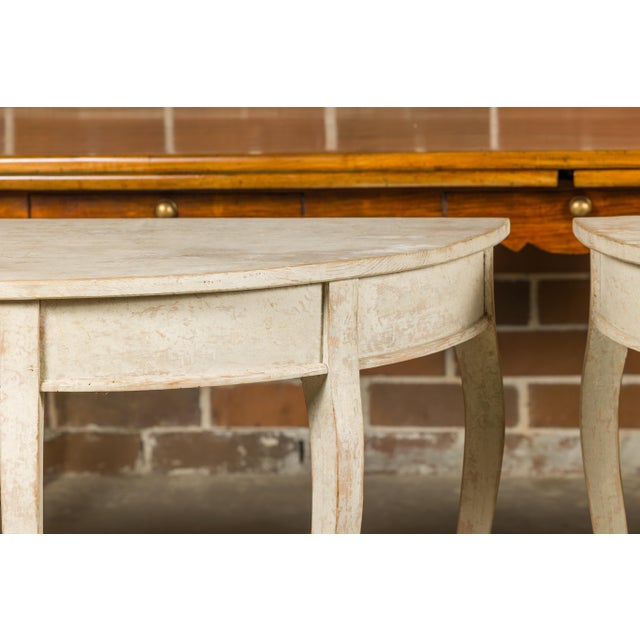 Swedish 19th Century Painted Demilune Tables with Cabriole Legs, a Pair For Sale - Image 9 of 12