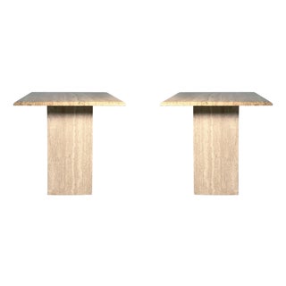 Post Modern Pair of Italian Travertine Pedestal End / Side Tables For Sale