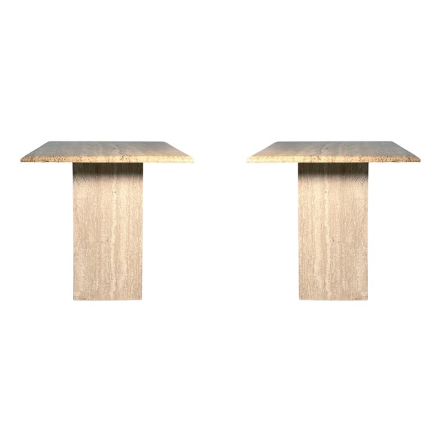 Post Modern Pair of Italian Travertine Pedestal End / Side Tables For Sale