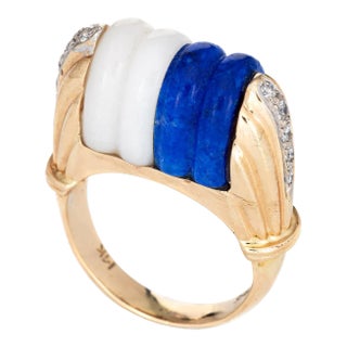 Mid 20th Century Mid Century Vintage Ring Diamond Fluted Sodalite White Agate 14k Gold Cocktail size 6.5 For Sale