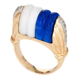 Mid 20th Century Mid Century Vintage Ring Diamond Fluted Sodalite White Agate 14k Gold Cocktail size 6.5