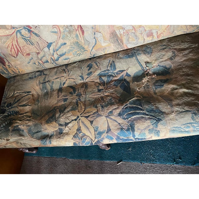 19th C Settee With Distressed Angel Fauna Tapestry Loveseat Bench Sofa For Sale - Image 9 of 12