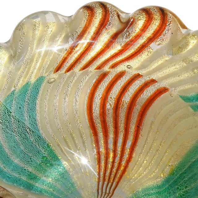 Mid-Century Modern Vintage Murano Mosaic Green White Orange Stripes Gold Flecks Italian Art Glass Seashell Dish Bowl For Sale - Image 3 of 6