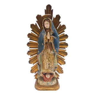 Mid-Century Mexican Our Lady of Guadalupe Carved Wood Devotional With Gilt Sunburst, 9" For Sale