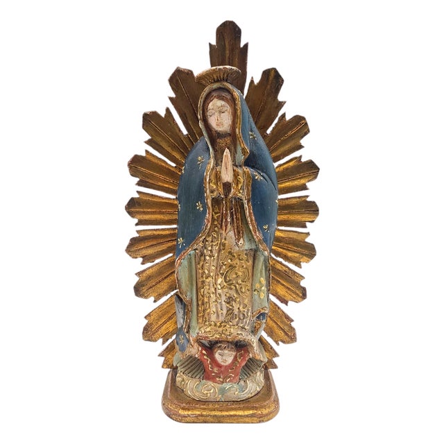 Mid-Century Mexican Our Lady of Guadalupe Carved Wood Devotional With Gilt Sunburst, 9" For Sale