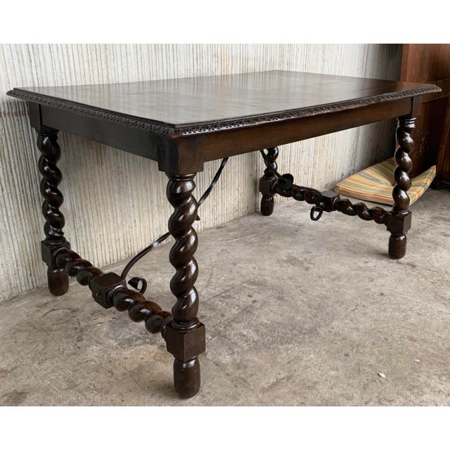 19th Spanish Baroque Walnut Solomonic Leg Fratino Dining Table With Iron Stretcher For Sale - Image 4 of 12