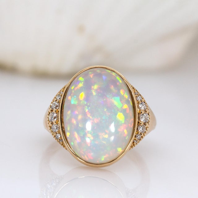 Contemporary Statement 7.3cts Ethiopian Opal Ring W Natural Diamond Accents in 14k Solid Gold For Sale - Image 3 of 7