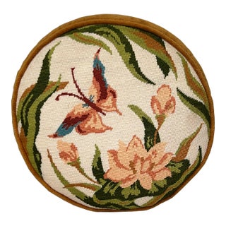 Mid Century Round Butterfly Needlepoint Pillow For Sale